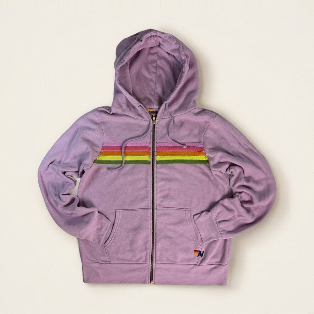 Aviator Nation 5 Stripe Zip Hoodie Mauve Pink Green Unisex L